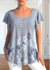 ROTITA Button Floral Print Grey Scoop Neck T Shirt