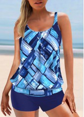Navy swimwear,Geometric swimwear,ROTITA Patchwork Navy Geometric Print Mid Waisted Tankini Set