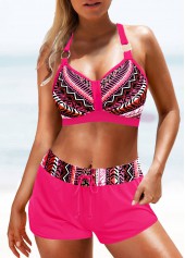 Hot Pink swimwear,Geometric swimwear,Striped swimwear,ROTITA Circular Ring Hot Pink Geometric Print Bikini Set