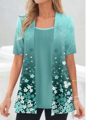 Cyan tops,Floral tops,Ombre tops,ROTITA Floral Print Cyan Square Neck Fake Two Piece Twinset