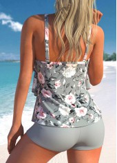 Grey swimwear,Floral swimwear,ROTITA Layered Grey Floral Print Mid Waisted Tankini Set