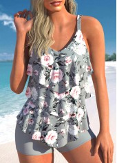 ROTITA Layered Grey Floral Print Mid Waisted Tankini Set