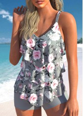 Grey swimwear,Floral swimwear,ROTITA Layered Grey Floral Print Mid Waisted Tankini Set