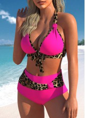 Hot Pink swimwear,Leopard swimwear,ROTITA Bowknot Hot Pink Leopard Mid Waisted Bikini Set