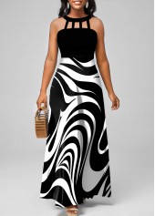 ROTITA Cut Out Geometric Print Black Maxi Dress