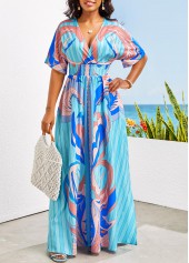 Smocked Tribal Print Sky Blue Maxi Dress