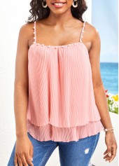 Pink tops,Plain Color tops,Pearl Pink Square Neck Strappy Camisole Top