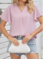Pink tops,Plain Color tops,Ruched Pink V Neck Short Sleeve Blouse