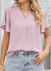 Pink tops,Plain Color tops,Ruched Pink V Neck Short Sleeve Blouse