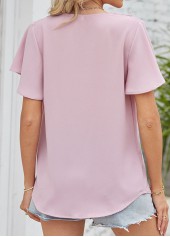 Pink tops,Plain Color tops,Ruched Pink V Neck Short Sleeve Blouse