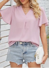 Pink tops,Plain Color tops,Ruched Pink V Neck Short Sleeve Blouse