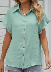 Button Mint Green Shirt Collar Short Sleeve Blouse