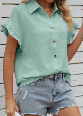 Mint Green tops,Plain Color tops,Button Mint Green Shirt Collar Short Sleeve Blouse