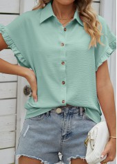 Mint Green tops,Plain Color tops,Button Mint Green Shirt Collar Short Sleeve Blouse