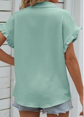 Mint Green tops,Plain Color tops,Button Mint Green Shirt Collar Short Sleeve Blouse