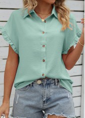 Mint Green tops,Plain Color tops,Button Mint Green Shirt Collar Short Sleeve Blouse