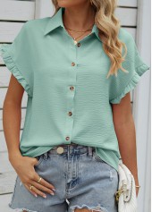 Mint Green tops,Plain Color tops,Button Mint Green Shirt Collar Short Sleeve Blouse