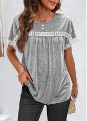 Light Grey Marl tops,Plain Color tops,ROTITA Ruched Light Grey Marl Round Neck T Shirt