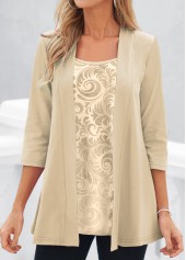 Light Camel tops,Plants tops,ROTITA Plants Print Light Camel Fake Two Piece Twinset