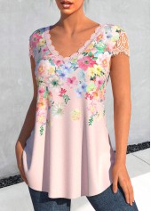 Light Pink tops,Floral tops,ROTITA Patchwork Floral Print Light Pink T Shirt
