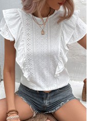 White tops,Plain Color tops,Ruffle White Round Neck Short Sleeve Blouse