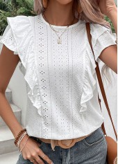 White tops,Plain Color tops,Ruffle White Round Neck Short Sleeve Blouse