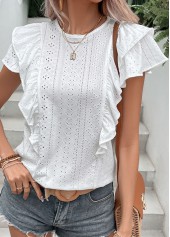 White tops,Plain Color tops,Ruffle White Round Neck Short Sleeve Blouse