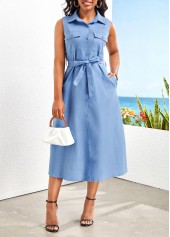Button Denim Blue Belted Shirt Collar Sleeveless Dress
