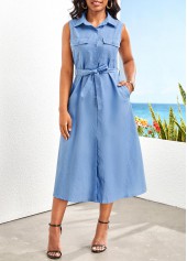 Denim Blue dresses,Plain Color dresses,Button Denim Blue Belted Shirt Collar Sleeveless Dress
