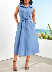 Denim Blue dresses,Plain Color dresses,Button Denim Blue Belted Shirt Collar Sleeveless Dress