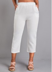 White bottoms,Plain Color bottoms,Pocket White Elastic Waist High Waisted Pants