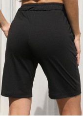 Black bottoms,Plain Color bottoms,Pocket Black Regular Drawastring High Waisted Shorts