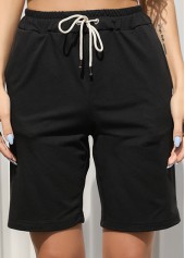 Black bottoms,Plain Color bottoms,Pocket Black Regular Drawastring High Waisted Shorts