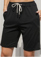 Black bottoms,Plain Color bottoms,Pocket Black Regular Drawastring High Waisted Shorts