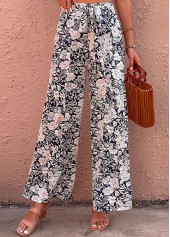 Bowknot Floral Print Navy Elastic Waist Pants