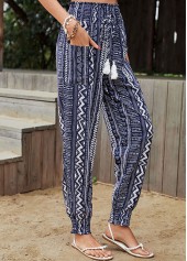 Navy bottoms,Geometric bottoms,Striped bottoms,Tribal bottoms,Pocket Geometric Print Navy Drawastring Jogger Pants