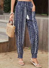 Navy bottoms,Geometric bottoms,Striped bottoms,Tribal bottoms,Pocket Geometric Print Navy Drawastring Jogger Pants