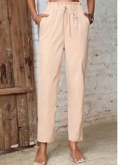 Beige bottoms,Plain Color bottoms,Pocket Beige Drawastring High Waisted Pants