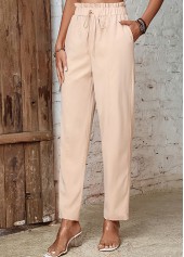 Beige bottoms,Plain Color bottoms,Pocket Beige Drawastring High Waisted Pants