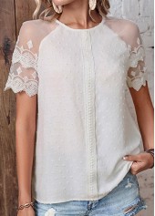 Patchwork White Round Neck Short Sleeve Blouse