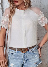 White tops,Plain Color tops,Patchwork White Round Neck Short Sleeve Blouse