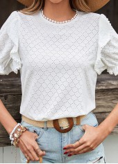 White tops,Plain Color tops,Button White Round Neck Short Sleeve T Shirt