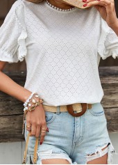 White tops,Plain Color tops,Button White Round Neck Short Sleeve T Shirt