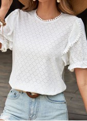 White tops,Plain Color tops,Button White Round Neck Short Sleeve T Shirt