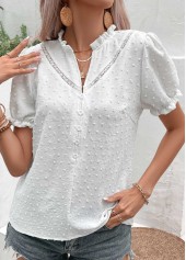 Button White Split Neck Short Sleeve Blouse