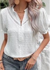 White tops,Plain Color tops,Button White Split Neck Short Sleeve Blouse