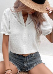 White tops,Plain Color tops,Button White Split Neck Short Sleeve Blouse