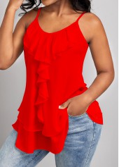 Red tops,Plain Color tops,ROTITA Ruffle Red Scoop Neck Strappy Camisole Top