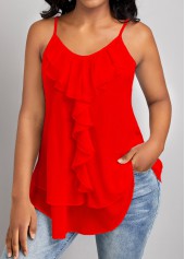 Red tops,Plain Color tops,ROTITA Ruffle Red Scoop Neck Strappy Camisole Top