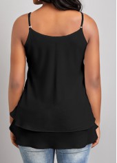 Black tops,Plain Color tops,ROTITA Ruffle Black Scoop Neck Strappy Camisole Top